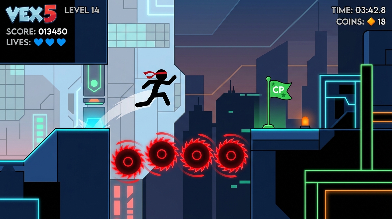 Vex 5 Online - Stickman parkour platformer gameplay dodging spinning saw blades on vex5online