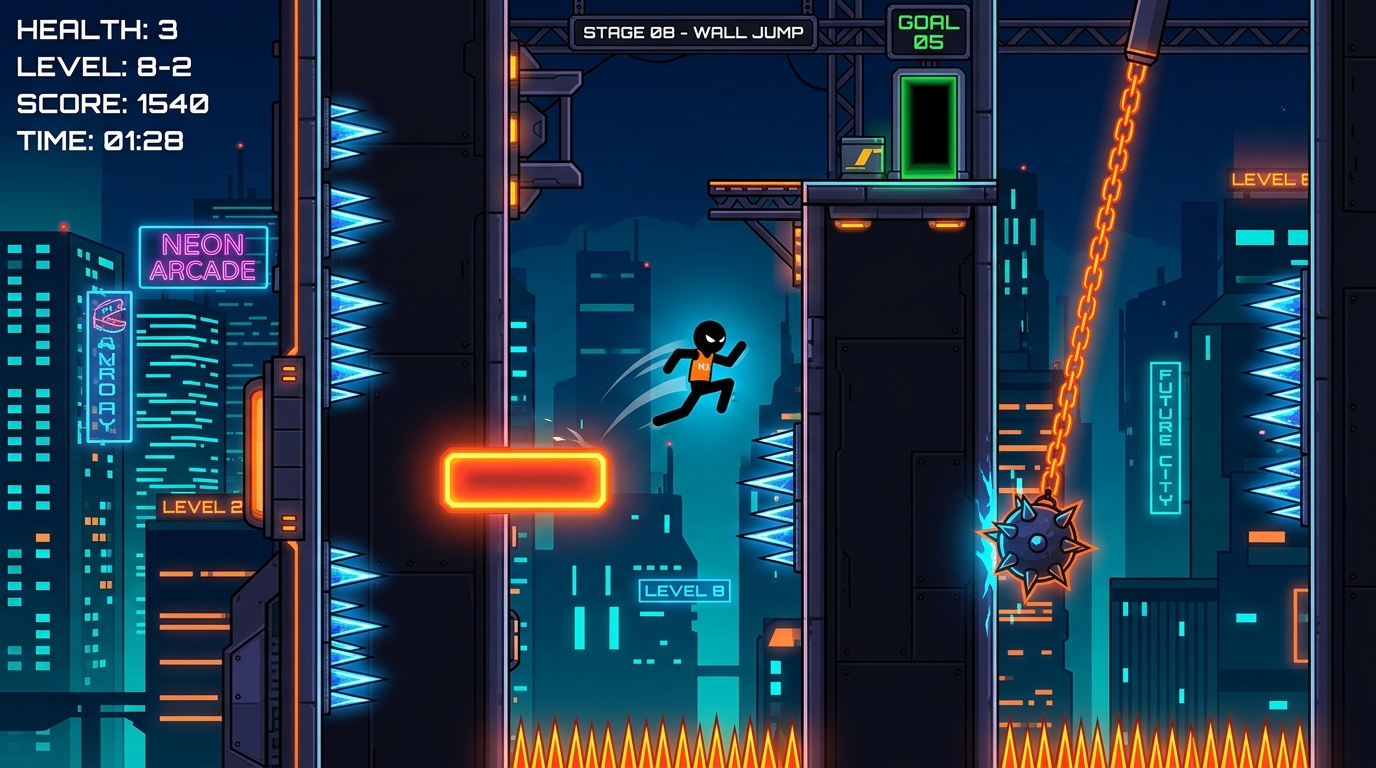 Vex 5 Unblocked - Stickman wall jumping between deadly spiked obstacle corridors on vex5online